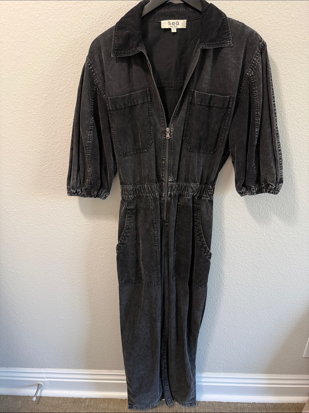 Sea New York Black Washed Denim Puff Sleeve Zip Jumpsuit Size 0